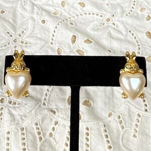 Vintage Gold Tone Faux Pearl Heart Bunny Rabbit Pierced Earrings Coquette Dolly